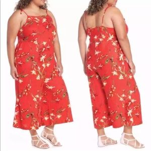 BP. Red Floral 1X Plus Size Jumper Romper Wide Leg